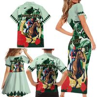 Personalized Belmont Horse Racing Family Matching Short Sleeve Bodycon Dress and Hawaiian Shirt The Test of the Champion
