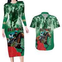 Personalized Belmont Horse Racing Couples Matching Long Sleeve Bodycon Dress and Hawaiian Shirt Run for the Carnations