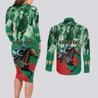 Personalized Belmont Horse Racing Couples Matching Long Sleeve Bodycon Dress and Long Sleeve Button Shirt Run for the Carnations