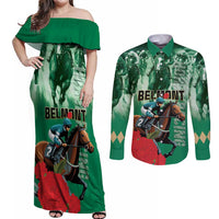 Personalized Belmont Horse Racing Couples Matching Off Shoulder Maxi Dress and Long Sleeve Button Shirt Run for the Carnations