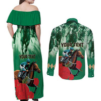 Personalized Belmont Horse Racing Couples Matching Off Shoulder Maxi Dress and Long Sleeve Button Shirt Run for the Carnations