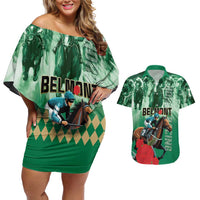 Personalized Belmont Horse Racing Couples Matching Off Shoulder Short Dress and Hawaiian Shirt Run for the Carnations