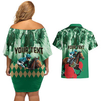 Personalized Belmont Horse Racing Couples Matching Off Shoulder Short Dress and Hawaiian Shirt Run for the Carnations