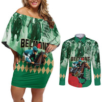 Personalized Belmont Horse Racing Couples Matching Off Shoulder Short Dress and Long Sleeve Button Shirt Run for the Carnations