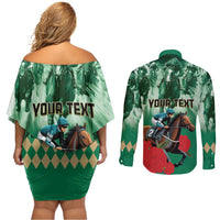 Personalized Belmont Horse Racing Couples Matching Off Shoulder Short Dress and Long Sleeve Button Shirt Run for the Carnations