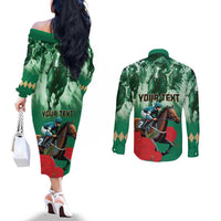 Personalized Belmont Horse Racing Couples Matching Off The Shoulder Long Sleeve Dress and Long Sleeve Button Shirt Run for the Carnations