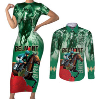 Personalized Belmont Horse Racing Couples Matching Short Sleeve Bodycon Dress and Long Sleeve Button Shirt Run for the Carnations