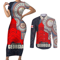 Georgia Independence Day Couples Matching Short Sleeve Bodycon Dress and Long Sleeve Button Shirt Holy Trinity Cathedral of Tbilisi - Wonder Print Shop