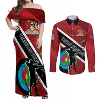 Personalized Trinidad and Tobago Archery Couples Matching Off Shoulder Maxi Dress and Long Sleeve Button Shirt Archery On The Move