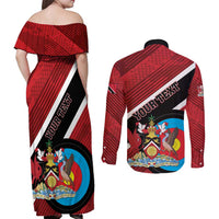Personalized Trinidad and Tobago Archery Couples Matching Off Shoulder Maxi Dress and Long Sleeve Button Shirt Archery On The Move