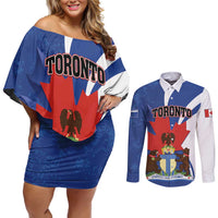 Personalised Canada Toronto Couples Matching Off Shoulder Short Dress and Long Sleeve Button Shirt Maple Leaf Diversity Our Strength