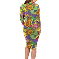 Hawaii Fruits Hippie Style Long Sleeve Bodycon Dress Vibrant Colorful