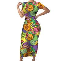 Hawaii Fruits Hippie Style Short Sleeve Bodycon Dress Vibrant Colorful