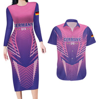 Personalized Germany 2024 Football Couples Matching Long Sleeve Bodycon Dress and Hawaiian Shirt DFB Team Pink Version - Wonder Print Shop