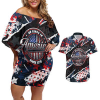 No Kings In America Since 1776 Couples Matching Off Shoulder Short Dress and Hawaiian Shirt Grunge Style - Wonder Print Shop