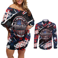 No Kings In America Since 1776 Couples Matching Off Shoulder Short Dress and Long Sleeve Button Shirt Grunge Style - Wonder Print Shop