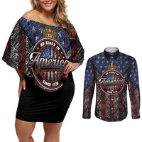 No Kings In America Since 1777 Couples Matching Off Shoulder Short Dress and Long Sleeve Button Shirt Retro Vibe - Wonder Print Shop