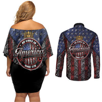No Kings In America Since 1777 Couples Matching Off Shoulder Short Dress and Long Sleeve Button Shirt Retro Vibe - Wonder Print Shop