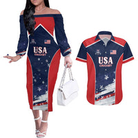 Custom USA Cricket Couples Matching Off The Shoulder Long Sleeve Dress and Hawaiian Shirt US Team Play Bold Play Proud - Wonder Print Shop