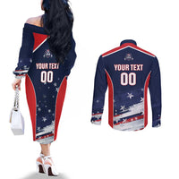Custom USA Cricket Couples Matching Off The Shoulder Long Sleeve Dress and Long Sleeve Button Shirt US Team Play Bold Play Proud - Wonder Print Shop