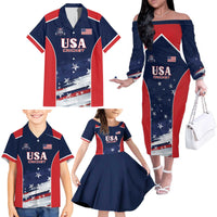 Custom USA Cricket Family Matching Off The Shoulder Long Sleeve Dress and Hawaiian Shirt US Team Play Bold Play Proud - Wonder Print Shop
