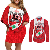 Personalised Lebanon Independence Day Couples Matching Off Shoulder Short Dress and Long Sleeve Button Shirt Lebanese Coat Of Arms Islamic Pattern - Wonder Print Shop