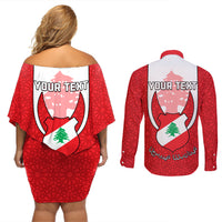 Personalised Lebanon Independence Day Couples Matching Off Shoulder Short Dress and Long Sleeve Button Shirt Lebanese Coat Of Arms Islamic Pattern - Wonder Print Shop