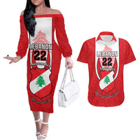 Personalised Lebanon Independence Day Couples Matching Off The Shoulder Long Sleeve Dress and Hawaiian Shirt Lebanese Coat Of Arms Islamic Pattern - Wonder Print Shop