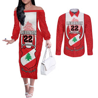 personalised-lebanon-independence-day-couples-matching-off-the-shoulder-long-sleeve-dress-and-long-sleeve-button-shirt-lebanese-coat-of-arms-islamic-pattern