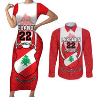 Personalised Lebanon Independence Day Couples Matching Short Sleeve Bodycon Dress and Long Sleeve Button Shirt Lebanese Coat Of Arms Islamic Pattern - Wonder Print Shop