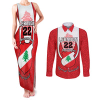 Personalised Lebanon Independence Day Couples Matching Tank Maxi Dress and Long Sleeve Button Shirt Lebanese Coat Of Arms Islamic Pattern - Wonder Print Shop