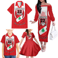 Personalised Lebanon Independence Day Family Matching Off Shoulder Long Sleeve Dress and Hawaiian Shirt Lebanese Coat Of Arms Islamic Pattern - Wonder Print Shop