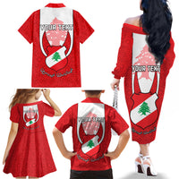 Personalised Lebanon Independence Day Family Matching Off Shoulder Long Sleeve Dress and Hawaiian Shirt Lebanese Coat Of Arms Islamic Pattern - Wonder Print Shop