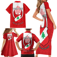 Personalised Lebanon Independence Day Family Matching Short Sleeve Bodycon Dress and Hawaiian Shirt Lebanese Coat Of Arms Islamic Pattern - Wonder Print Shop