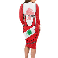 Personalised Lebanon Independence Day Long Sleeve Bodycon Dress Lebanese Coat Of Arms Islamic Pattern - Wonder Print Shop