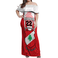 Personalised Lebanon Independence Day Off Shoulder Maxi Dress Lebanese Coat Of Arms Islamic Pattern - Wonder Print Shop