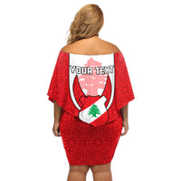 Personalised Lebanon Independence Day Off Shoulder Short Dress Lebanese Coat Of Arms Islamic Pattern - Wonder Print Shop