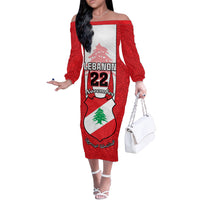 Personalised Lebanon Independence Day Off The Shoulder Long Sleeve Dress Lebanese Coat Of Arms Islamic Pattern - Wonder Print Shop