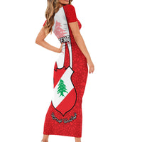 Personalised Lebanon Independence Day Short Sleeve Bodycon Dress Lebanese Coat Of Arms Islamic Pattern - Wonder Print Shop