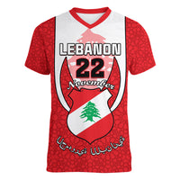 Personalised Lebanon Independence Day Women V Neck T Shirt Lebanese Coat Of Arms Islamic Pattern - Wonder Print Shop