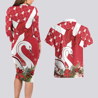 Denmark Christmas Couples Matching Long Sleeve Bodycon Dress and Hawaiian Shirt Coquette Bow With Swan - Wonder Print Shop