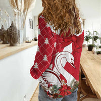 Denmark Christmas Women Casual Shirt Coquette Bow With Swan - Wonder Print Shop