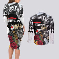 Personalized Horse Racing Couples Matching Long Sleeve Bodycon Dress and Long Sleeve Button Shirt Derby Lady Triple Flowers