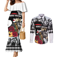 Personalized Horse Racing Couples Matching Mermaid Dress and Long Sleeve Button Shirt Derby Lady Triple Flowers