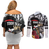 Personalized Horse Racing Couples Matching Off Shoulder Short Dress and Long Sleeve Button Shirt Derby Lady Triple Flowers