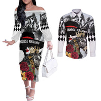 Personalized Horse Racing Couples Matching Off The Shoulder Long Sleeve Dress and Long Sleeve Button Shirt Derby Lady Triple Flowers