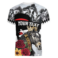 Personalized Horse Racing Women V-Neck T-Shirt Derby Lady Triple Flowers