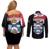 Personalised Bonaire Couples Matching Off Shoulder Short Dress and Long Sleeve Button Shirt Boneiru Coat of Arms