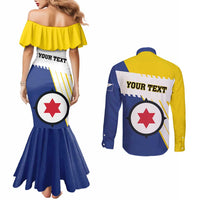 Personalised British Leeward Islands Couples Matching Mermaid Dress and Long Sleeve Button Shirt Tropical Flower Grunge Style