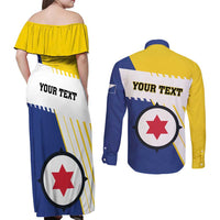 Personalised British Leeward Islands Couples Matching Off Shoulder Maxi Dress and Long Sleeve Button Shirt Tropical Flower Grunge Style